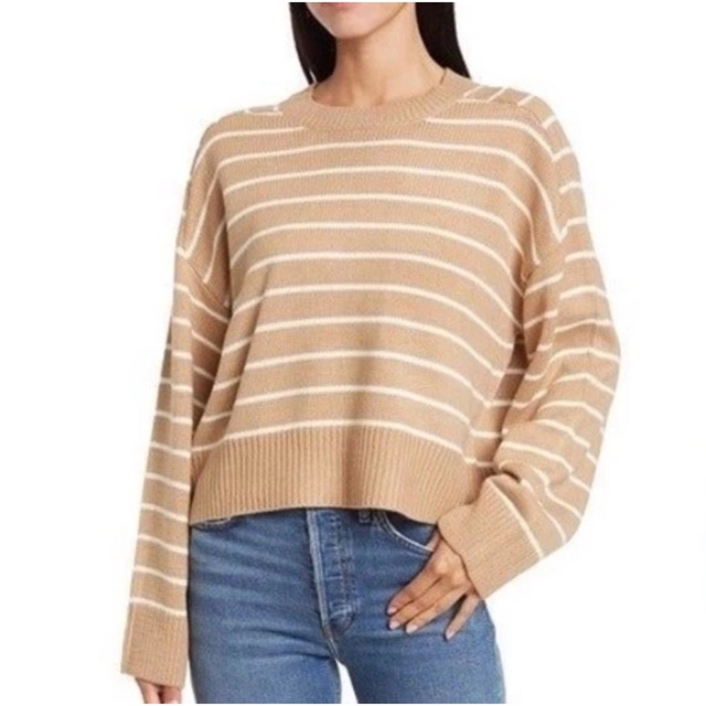 Tahari Sweater Women’s XLarge Tan White Cropped Stripes Boxy Drop Shoulder Cozy